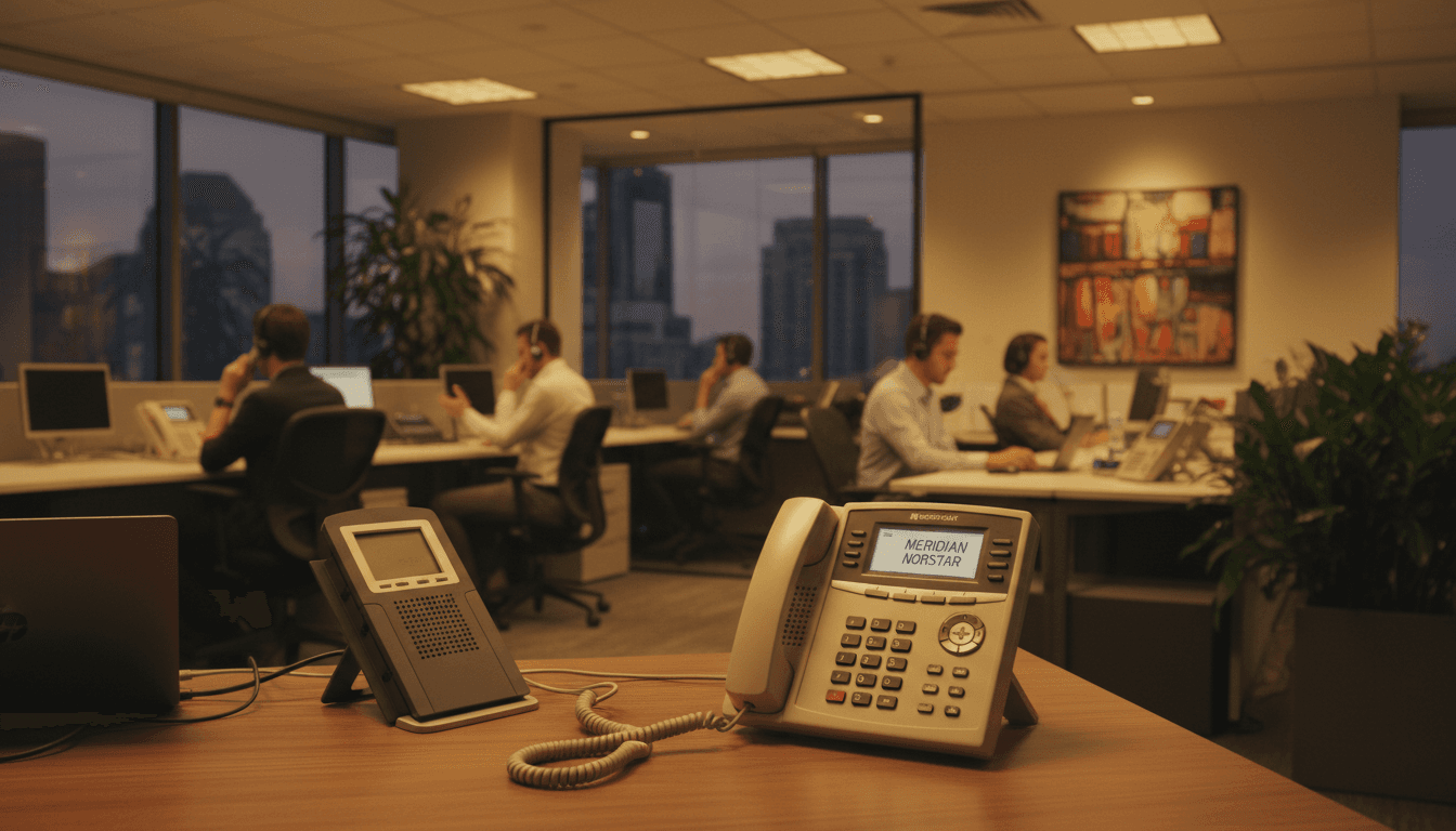 Modern office with Meridian Norstar business phone system at desk