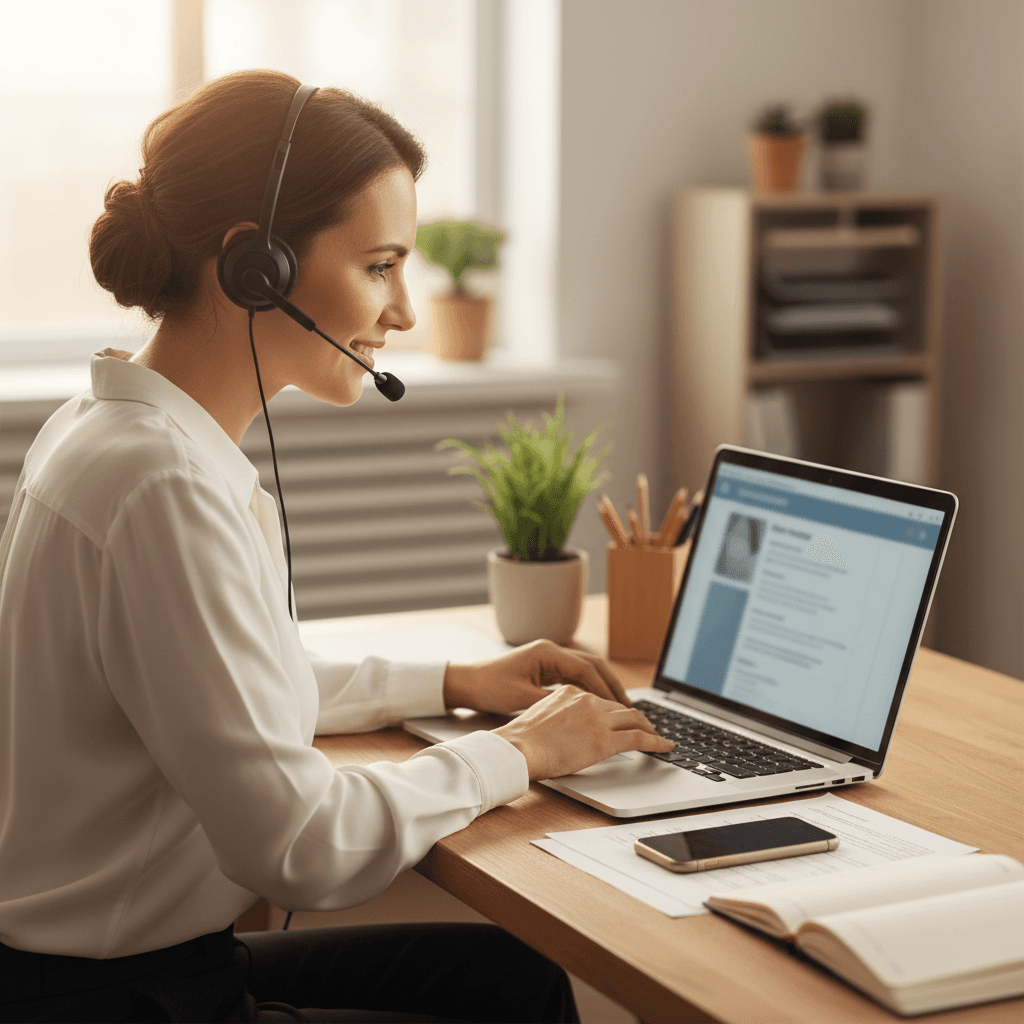 Support specialist assisting customer via phone and computer