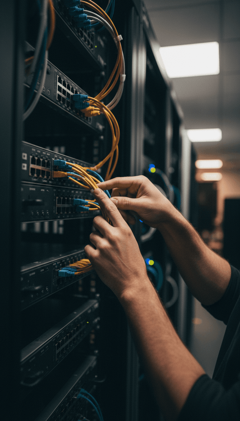 Technician checking VoIP phone system network connections