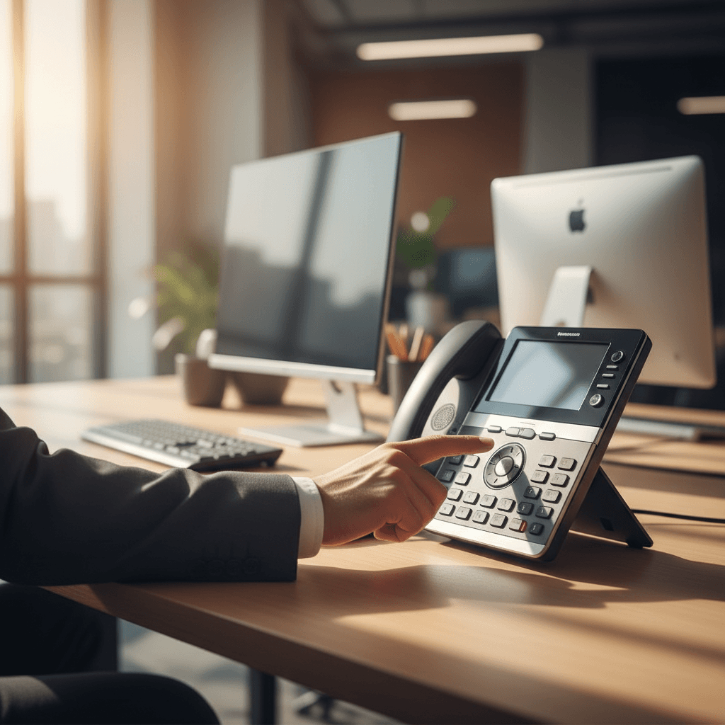 Business phone system in a modern office setting