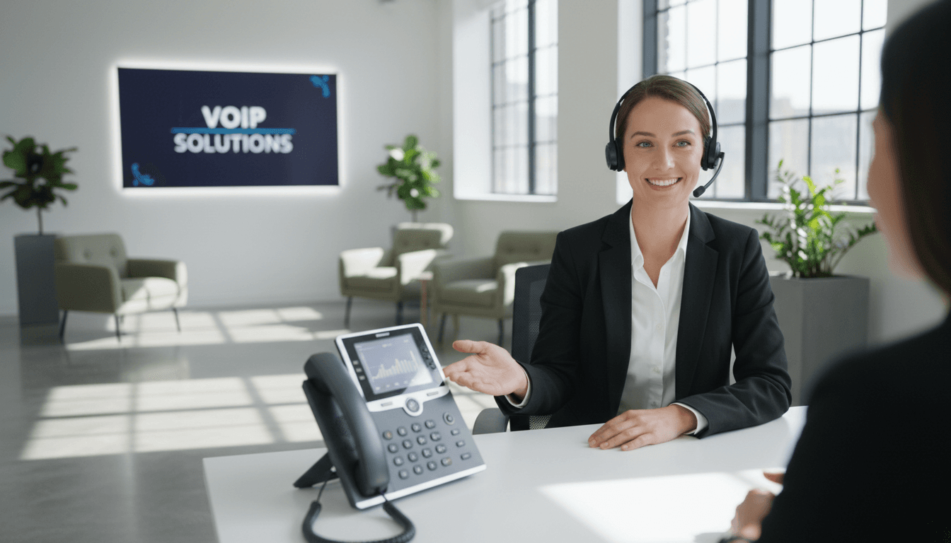 Support agent smiling while helping client with VoIP phone system.