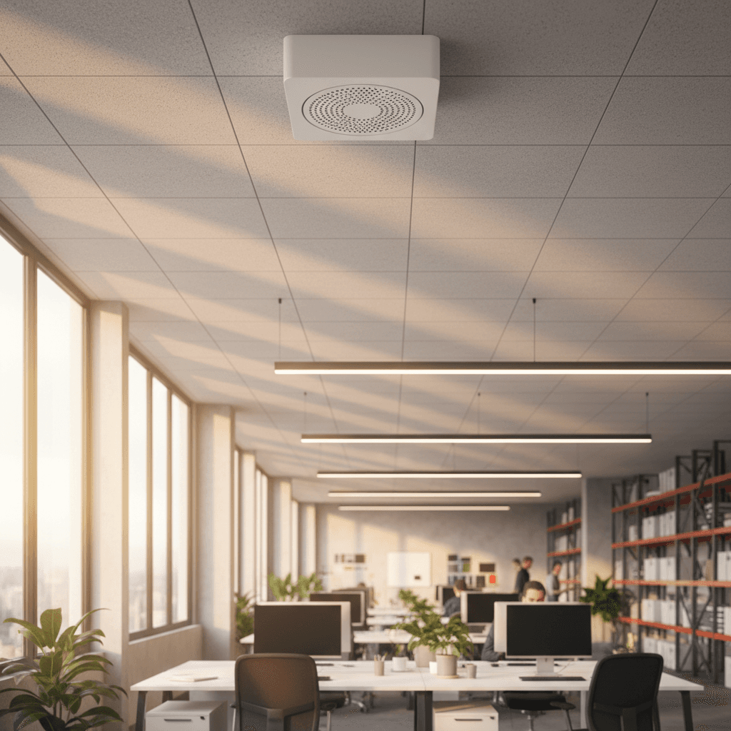 Ceiling-mounted SIP paging speaker in office