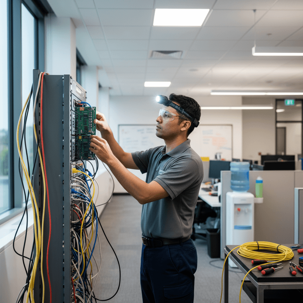 Technician installing business phone system equipment
