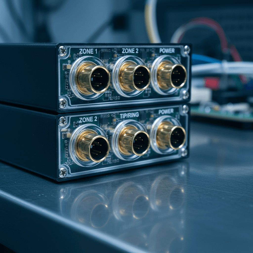 Close-up of connectors on a telephone paging amplifier