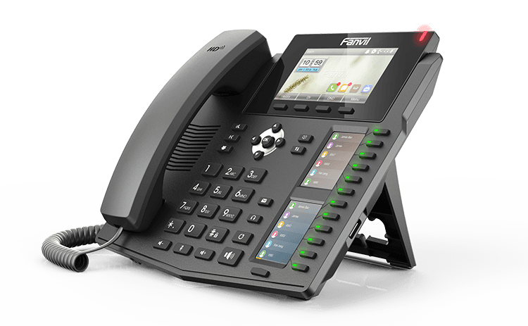 Black Fanvil IP desk phone featuring a large color display and programmable sidecar buttons.
