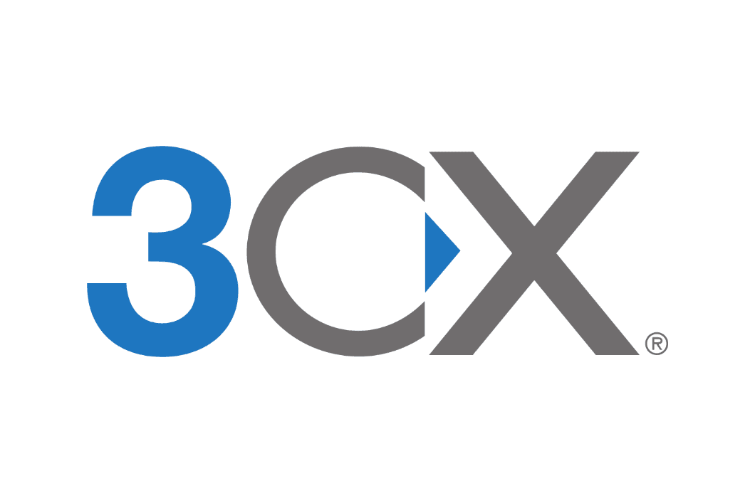 3CX logo with a blue number three, grey C with blue triangle, and grey X.