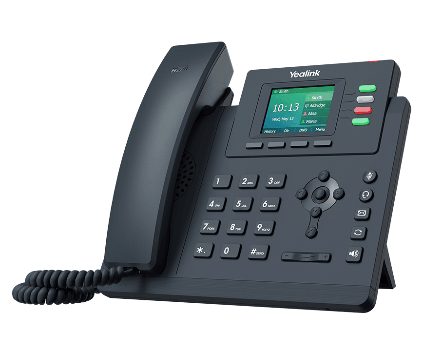 Black Yealink IP desk phone with a color screen, numeric keypad, and corded handset.