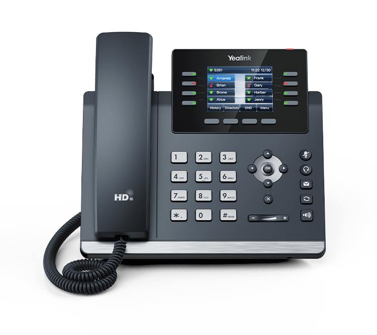 Yealink IP desk phone featuring a color display, numeric keypad, and a wired handset.
