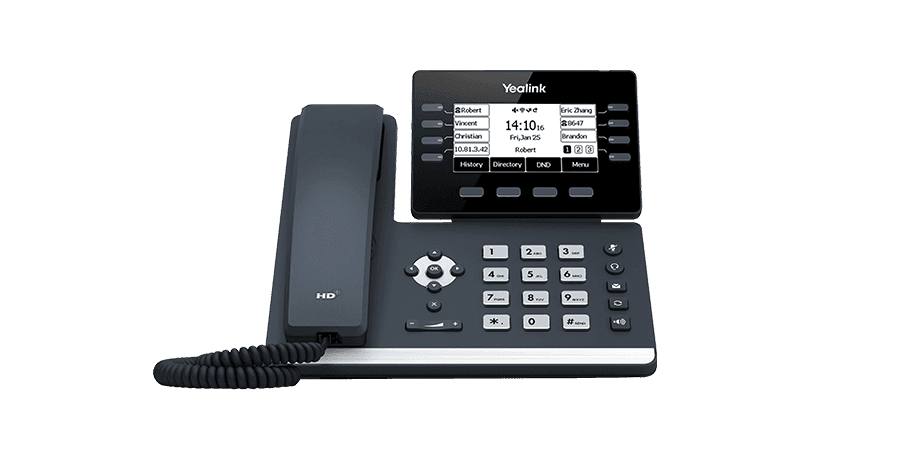 Black Yealink VoIP desk phone with a large digital display, numeric keypad, and wired handset.