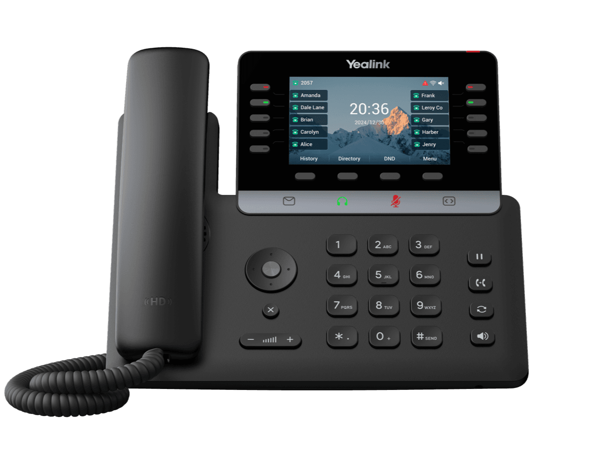 Black Yealink business desk phone with a large color screen, handset, and numeric keypad.