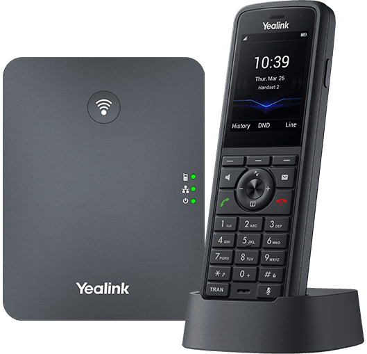 Yealink cordless IP phone handset in a charging cradle next to a wireless base station.