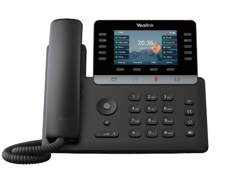 Black Yealink VoIP desk phone featuring a color display, numeric keypad, and corded handset.