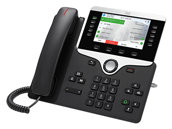 Modern black Cisco office phone featuring a color display screen, keypad, and wired handset.