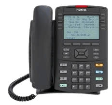Black Nortel office desk phone with a digital display, numeric keypad, and coiled handset cord.