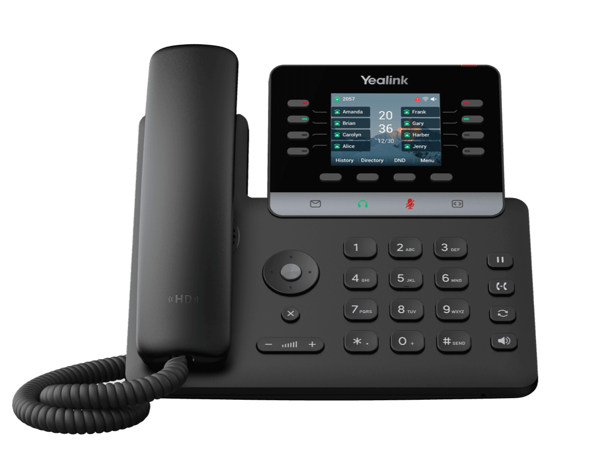 Black Yealink IP desk phone featuring a color display screen, handset, and standard numeric keypad.
